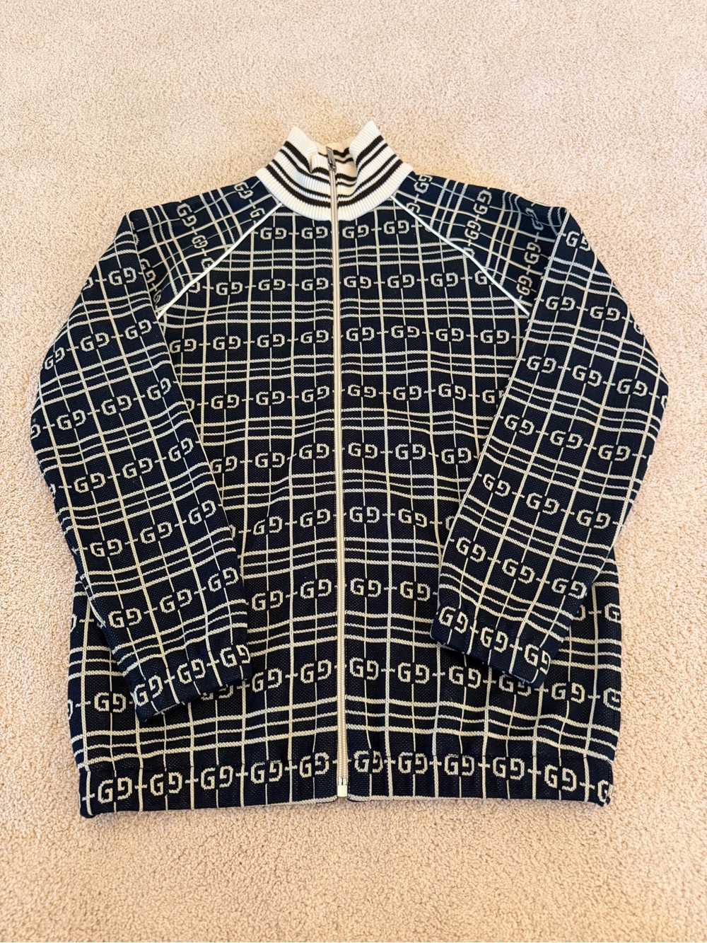 Gucci Navy & Cream GG Grid Zip-Up Sweater